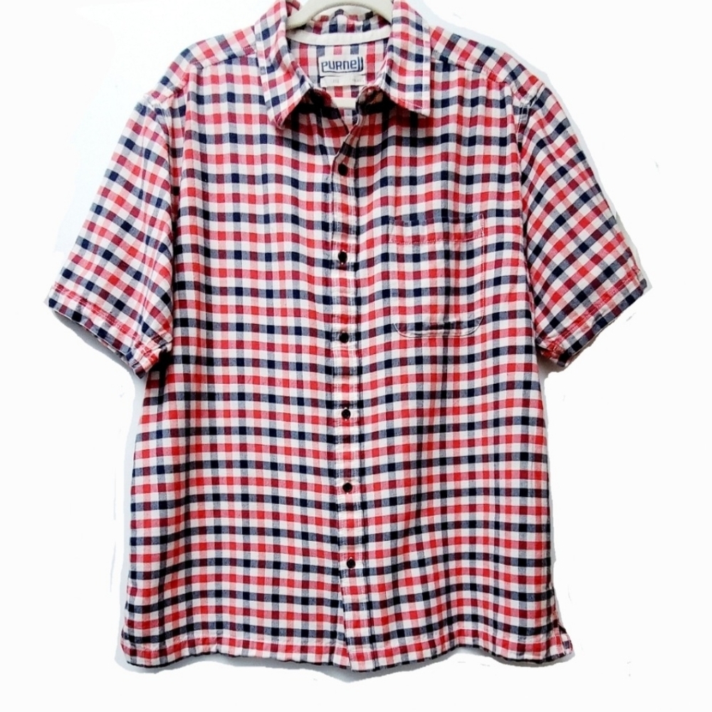 Purnell Plaid Red White Blue 100% Cotton Shirt Short Sleeves Size Large